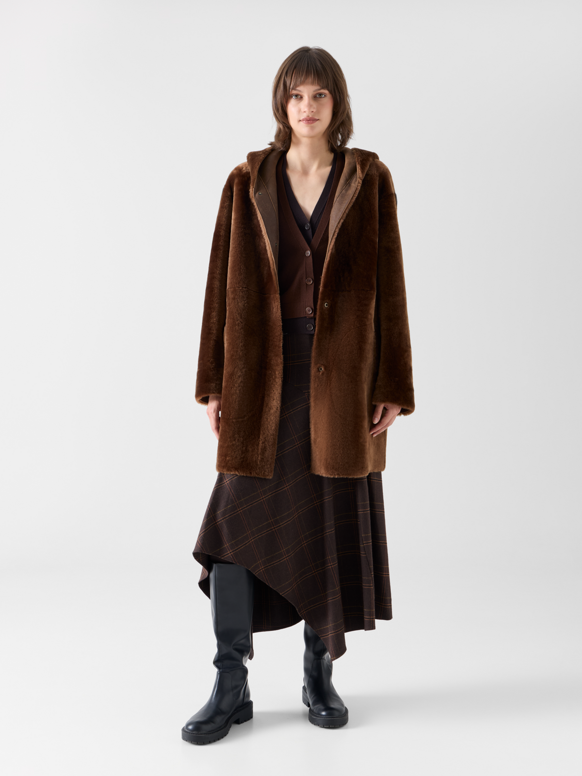 Designer Oversize Reversible Lamb Fur Parka with Hood - brown 