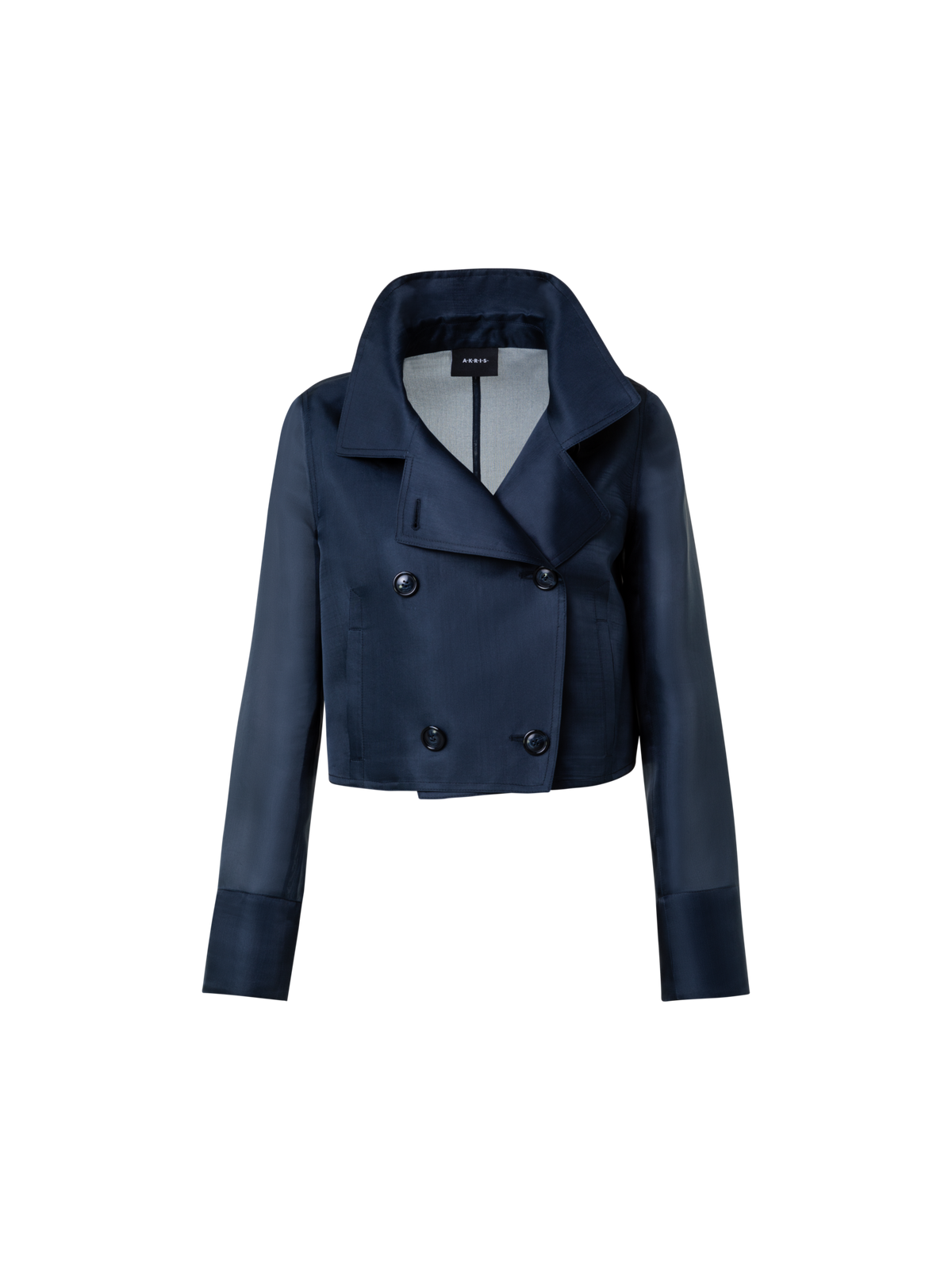 Designer Silk Organza Double-Breasted Short Jacket - navy - blue