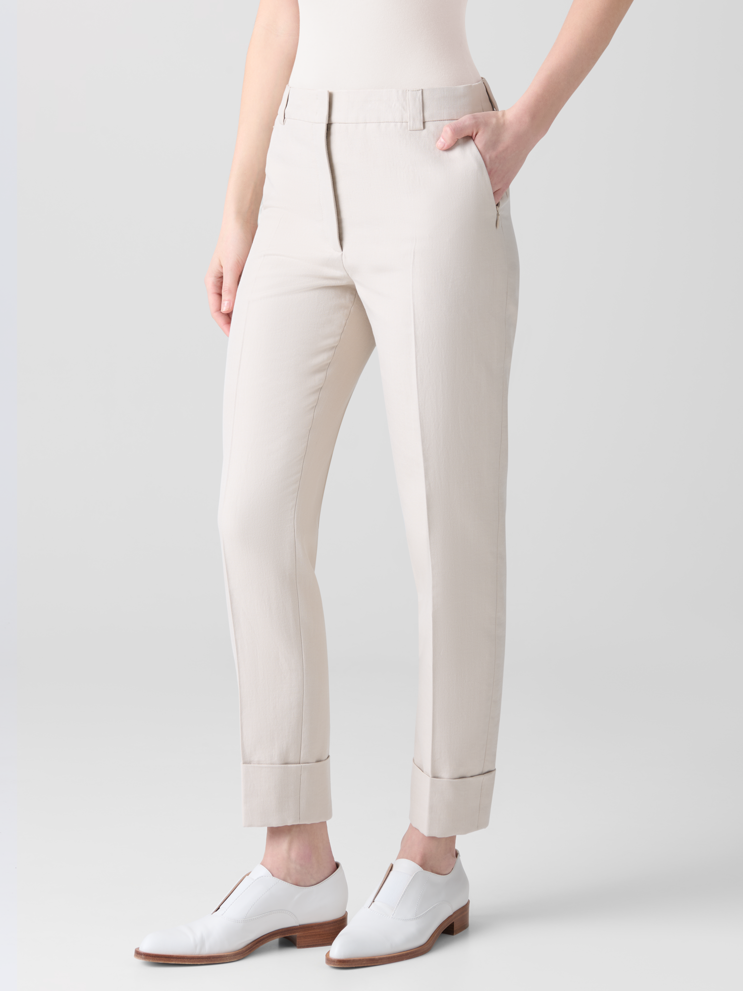 Designer Cropped Tapered Cotton Silk Double-Face Pants - neutral - grey - beige 
