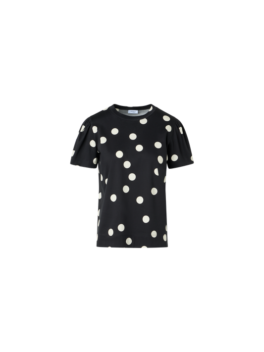 Designer Polka Dot Cotton Jersey T-Shirt with Puff Sleeves - black