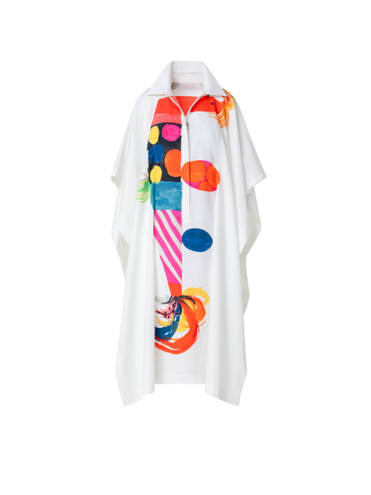 Designer Cotton Caftan Dress with Rooster Print - multicolor - ecru - white