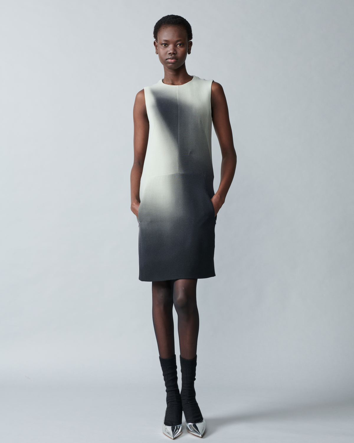 Designer Wool Double-Face Sheath Dress with Shadow Print - grey - multicolor #editorial