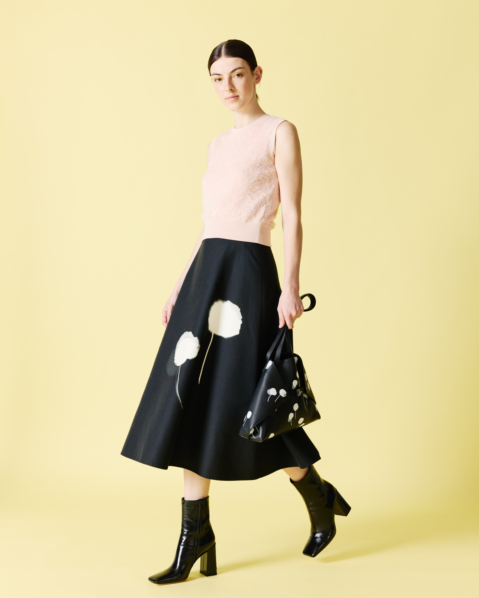 Designer Double-Face Midi Skirt with Dandelion Print - black - multicolor 
