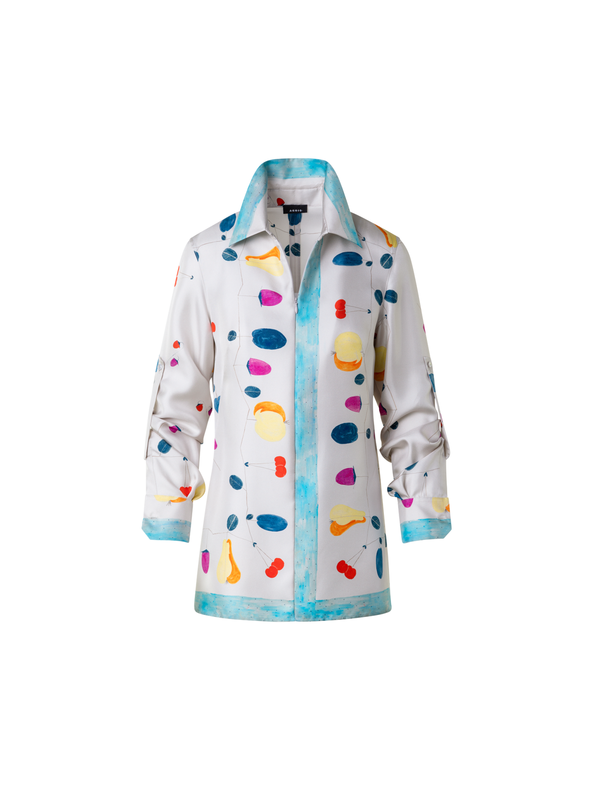 Designer Silk Tunic Blouse with Fruits Print - multicolor