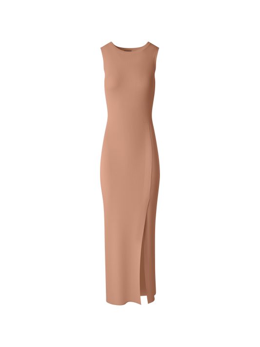 Designer Fitted Tube Knit Dress with Side Slit - beige