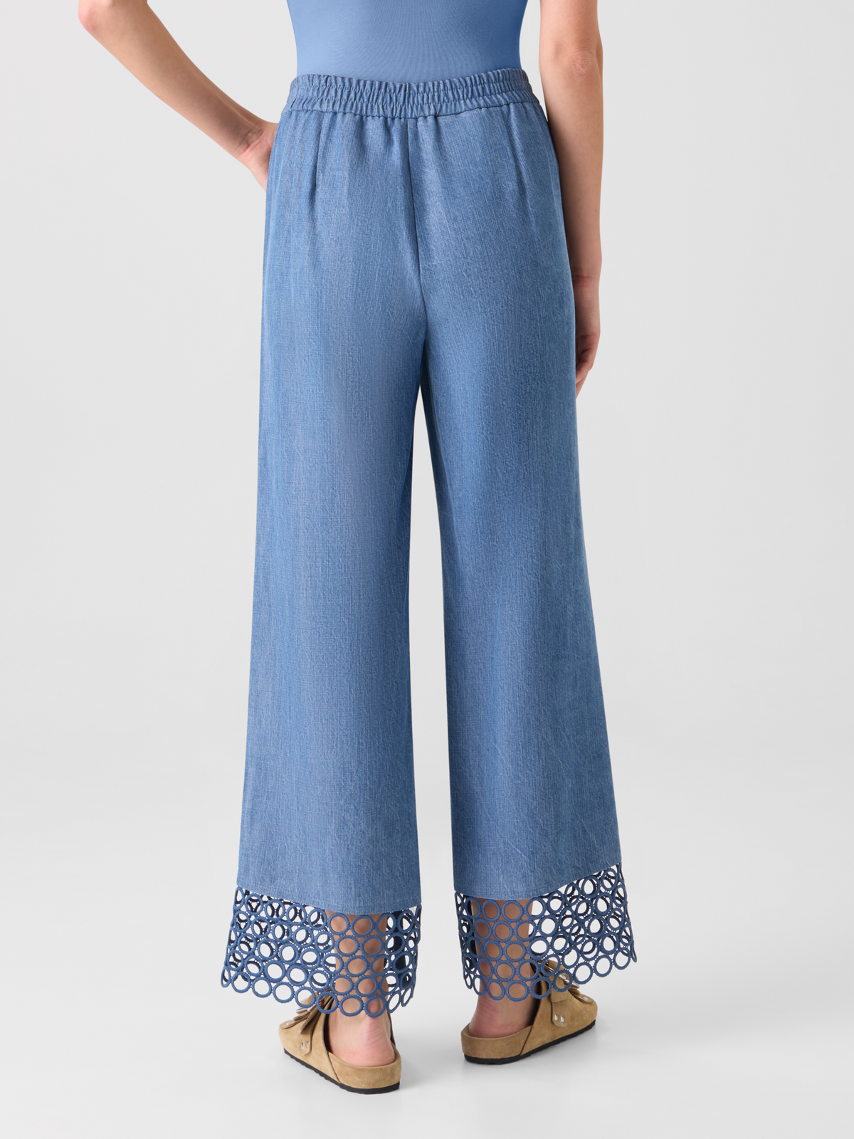 Designer Marlon High Waist Denim Cropped Pants with Eyelet Guipure - blue