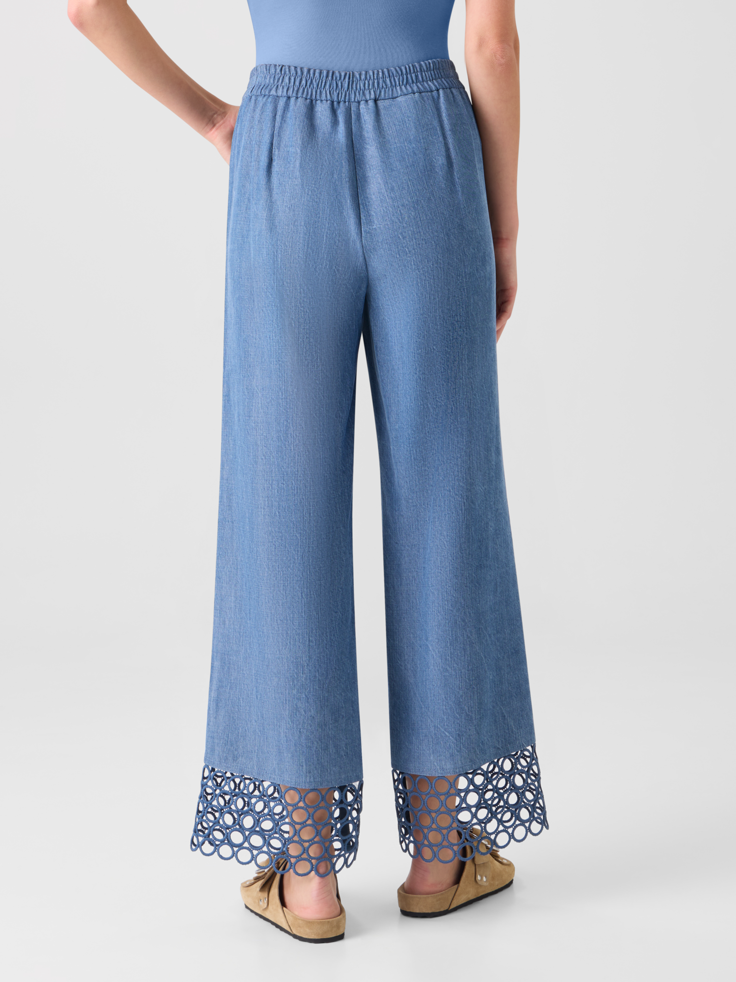 Designer Marlon High Waist Denim Cropped Pants with Eyelet Guipure - blue