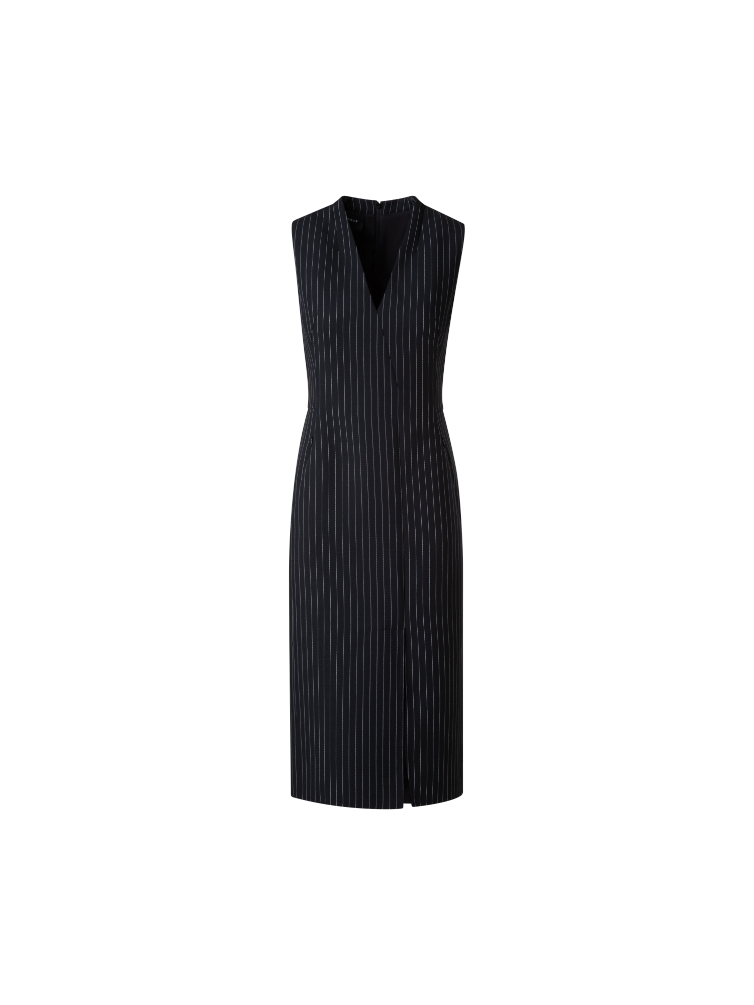 Designer Wool Double-Face Sheath Dress with Pinstripes - black
