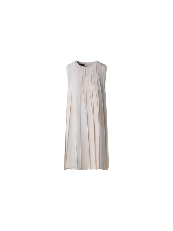 Designer Silk Ribbon Mini Dress with Chiaroscuro Print - neutral - pastel - beige