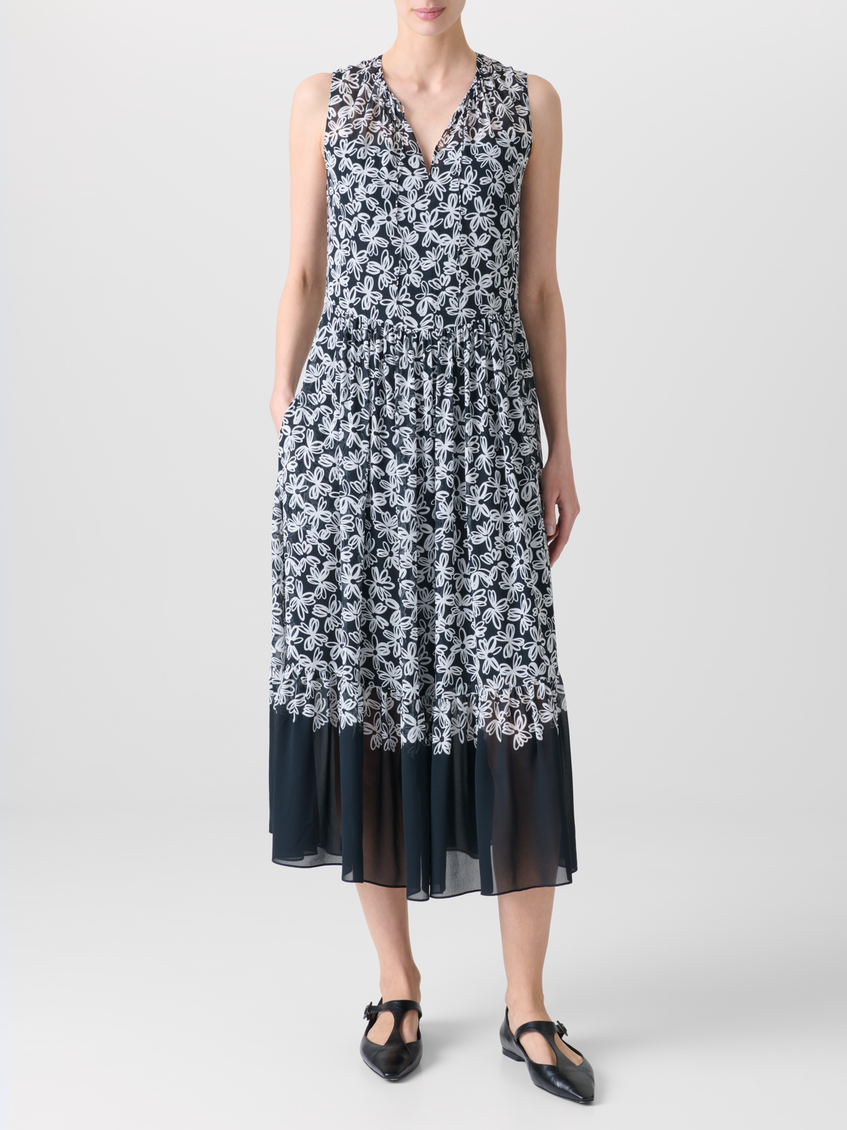 Designer Sleeveless Midi Dress with Flower Print - black - neutral - multicolor #editorial