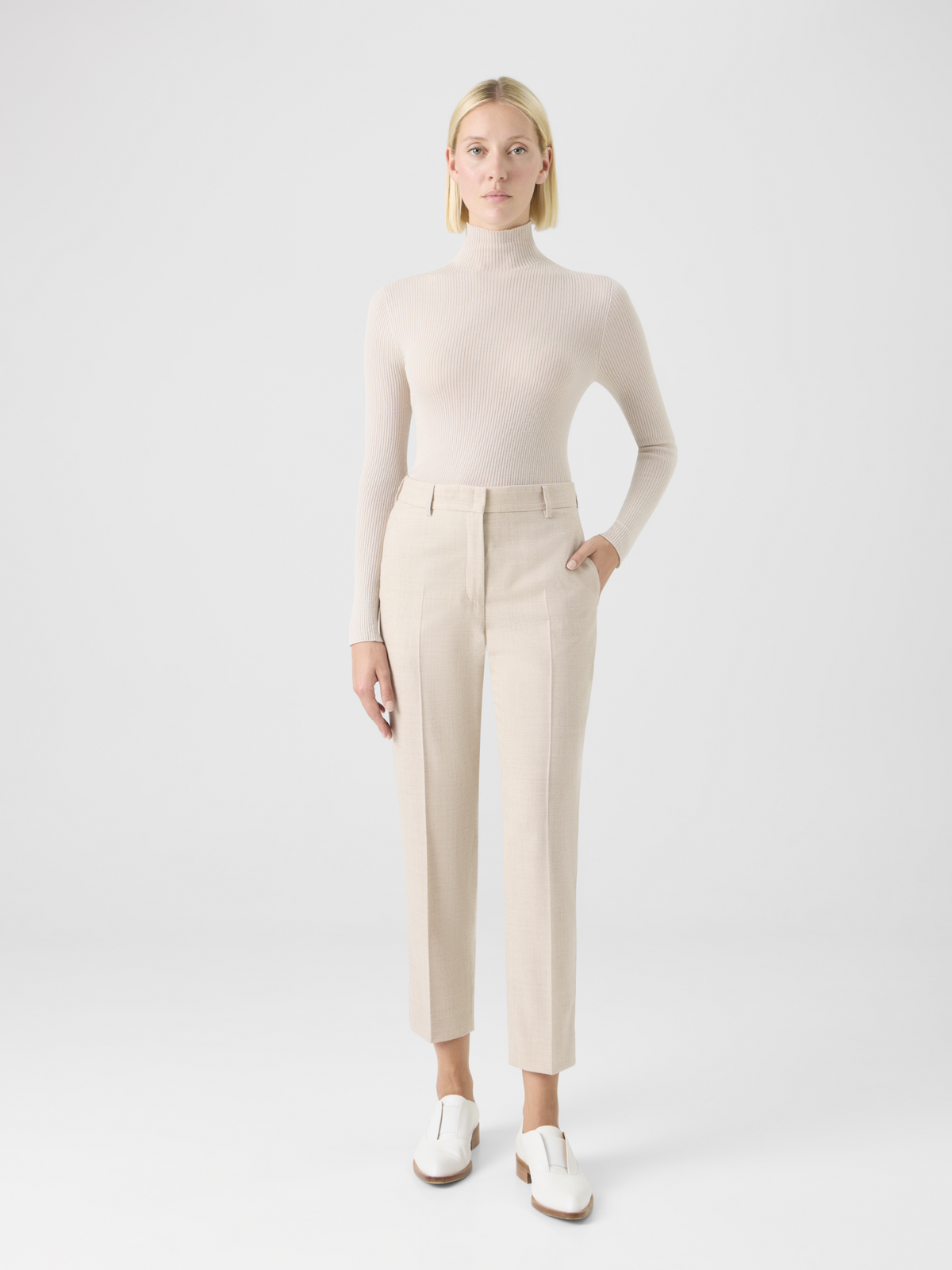 Designer Tapered Wool Stretch Flannel Ankle Pants - beige #editorial