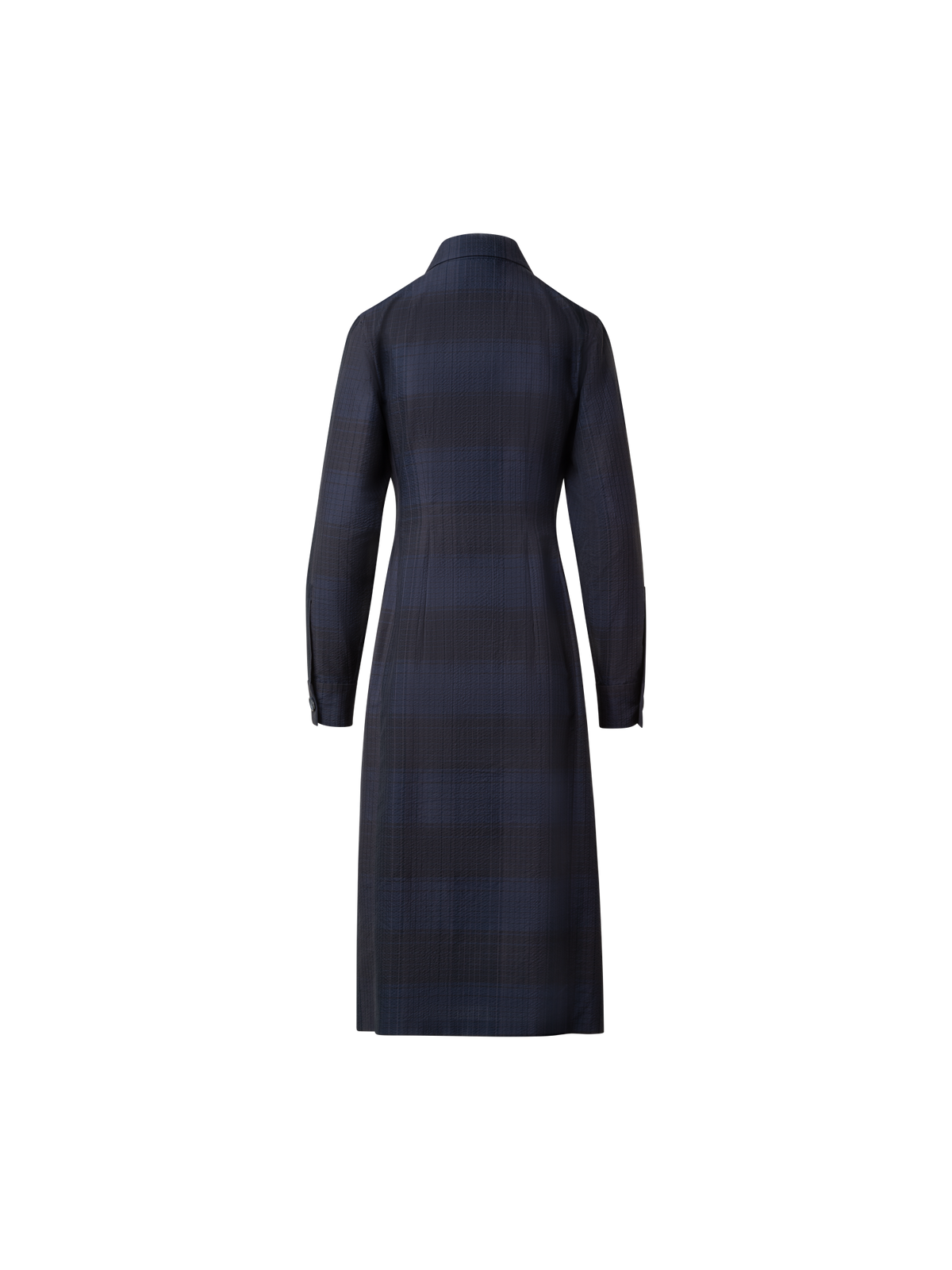Designer Midi Shirt Dress in Cotton Silk Seersucker - navy