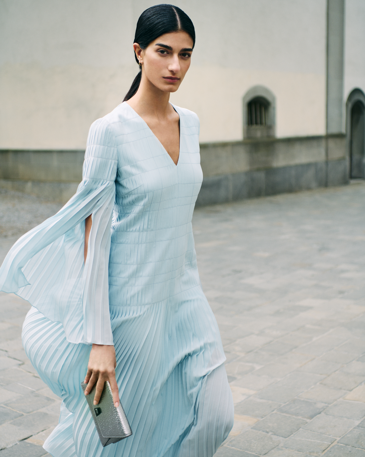 Designer Long Pleated Gown with Long Flared Sleeves - blue #editorial