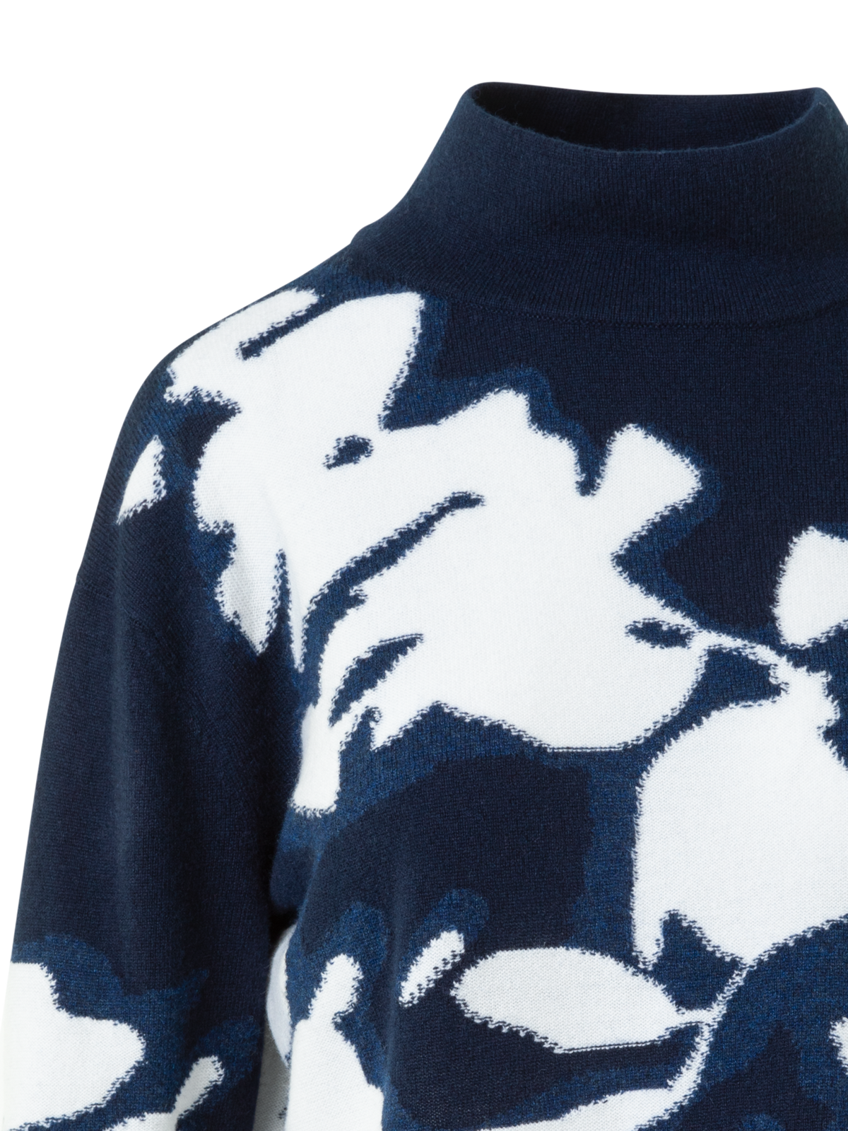 Designer Cashmere Wildflower Intarsia Mock Neck Sweater - navy - blue - multicolor
