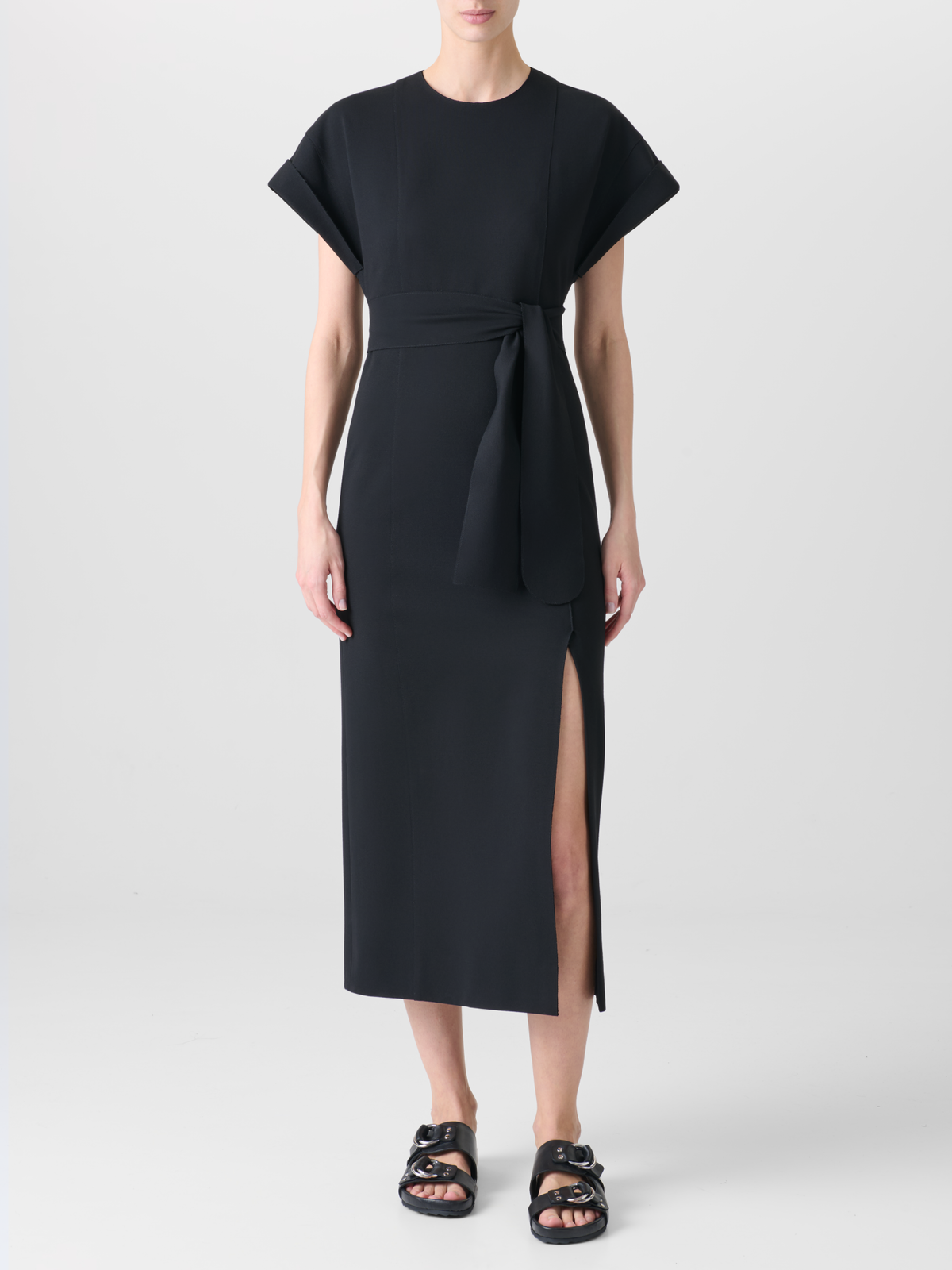 Designer Fitted Midi Dress in Signature Jersey - black - neutral #editorial