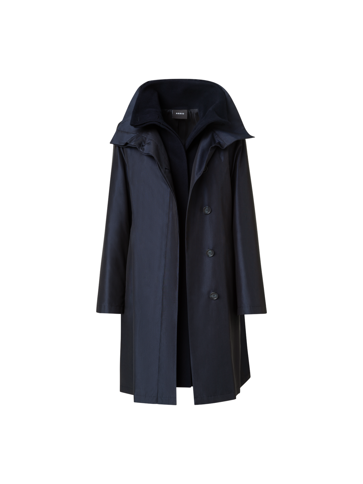 Designer Layered Wool Coat with Removable Silk Layer - navy - blue