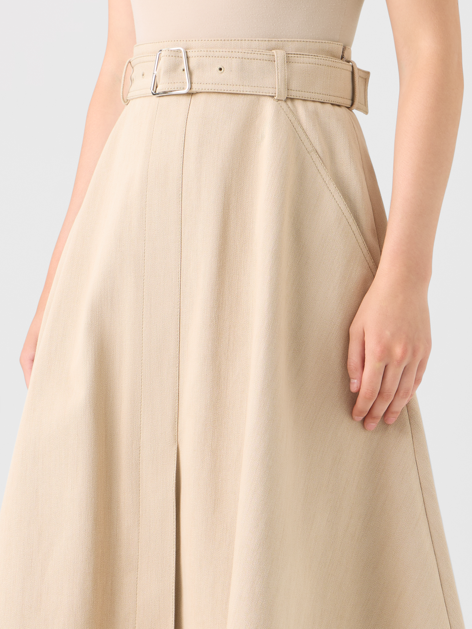 Designer Flared A-Line Midi Skirt in Cotton Denim - beige 
