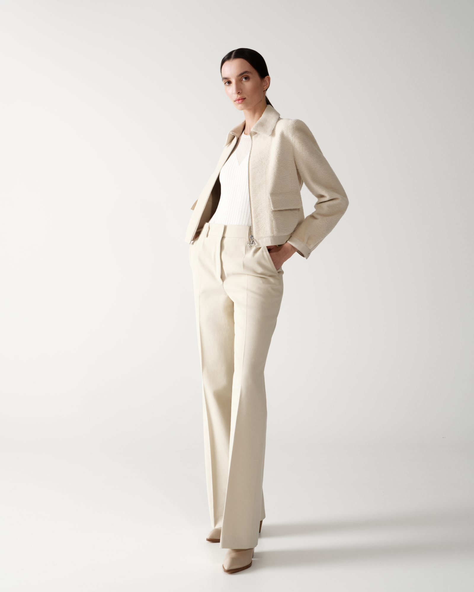 Designer Wide Straight Cotton Wool Gabardine Pants - neutral - beige 