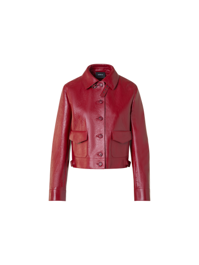 Designer Short Bomber Jacket in Lacquered Leather - red