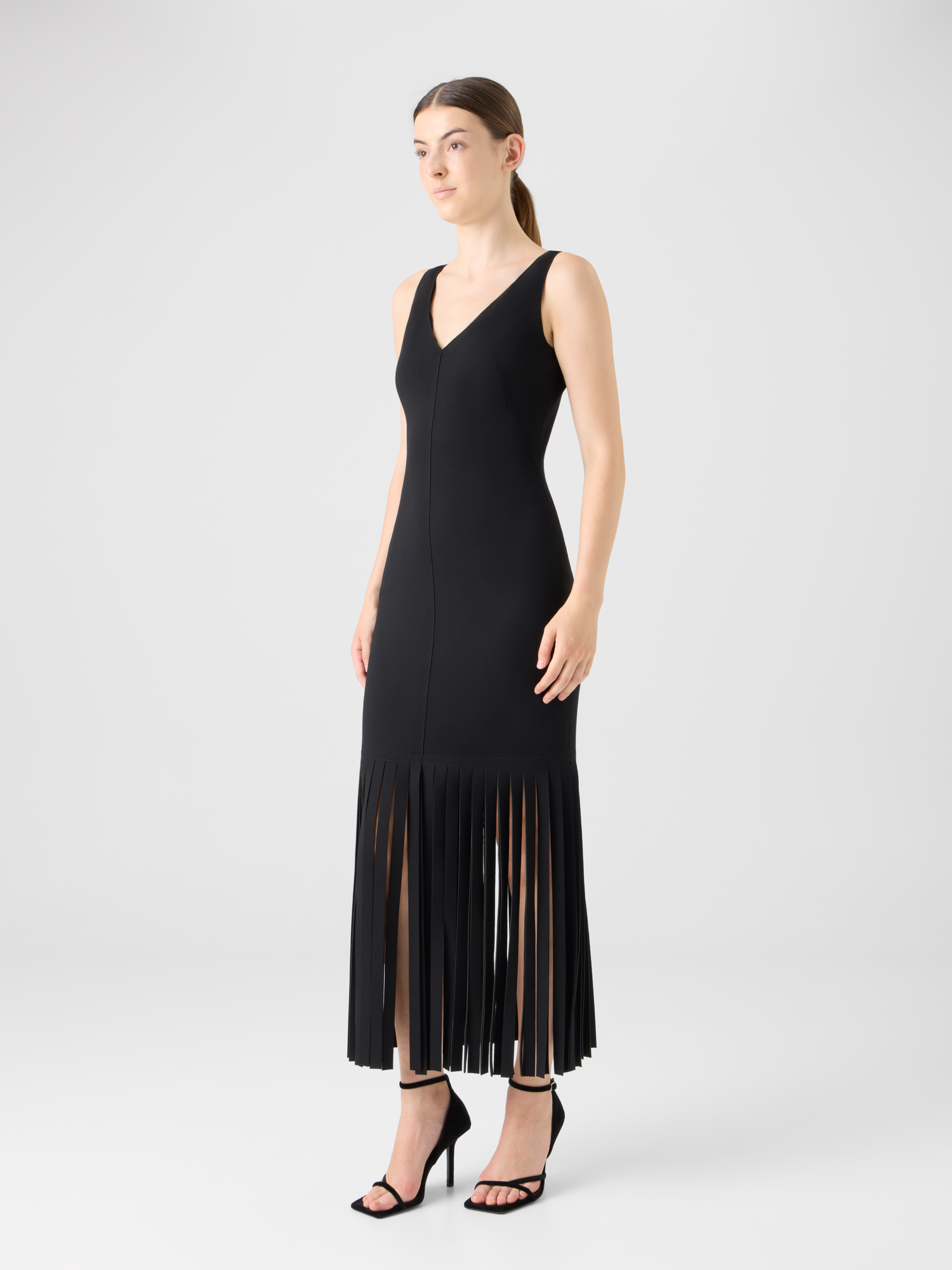 Designer Viscose Jersey Dress with Fringe Hem - black 