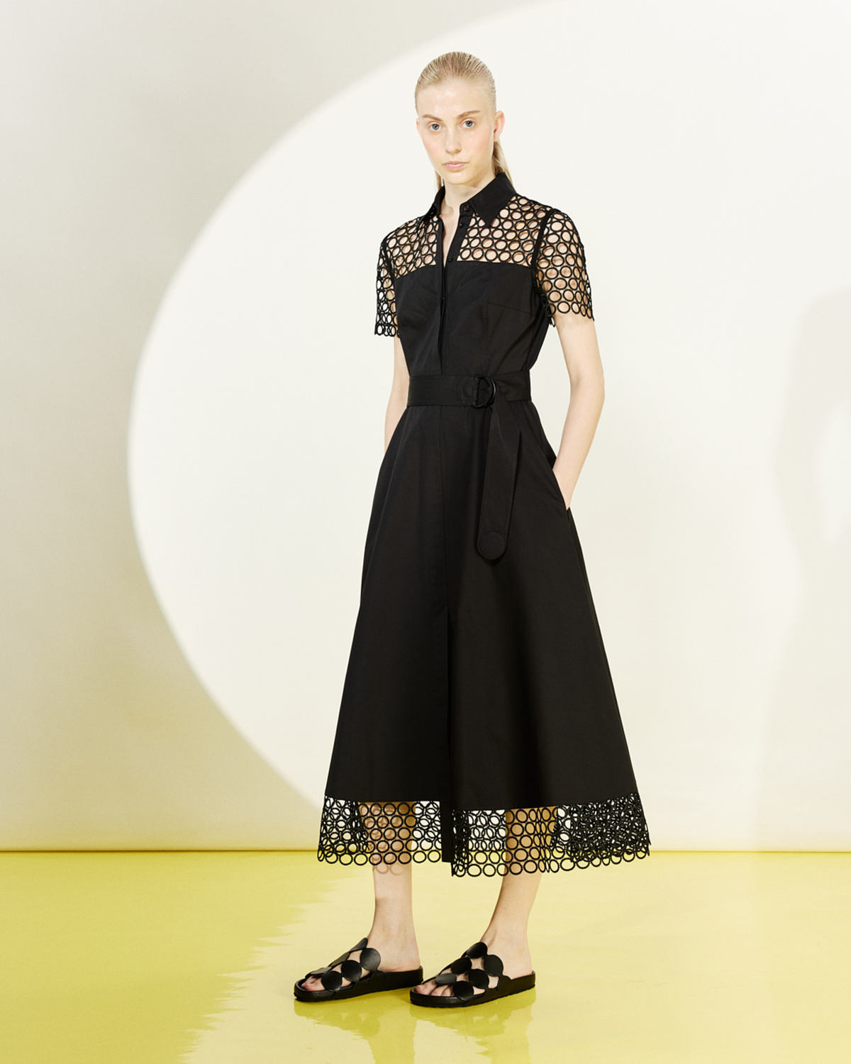 Designer Cotton Midi Dress with Eyelet Guipure - black