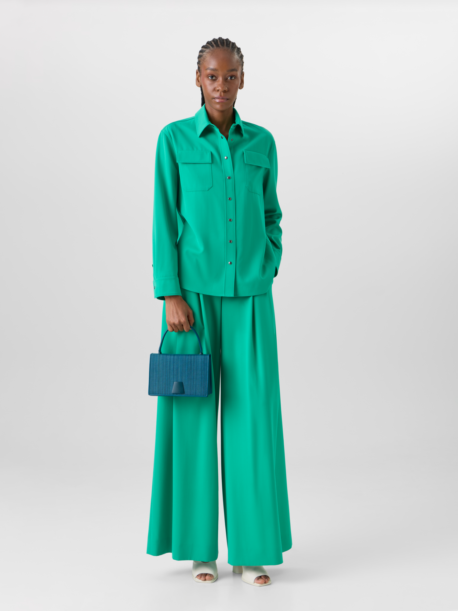 Designer Long-Sleeve Wool Gabardine Blouse - green 