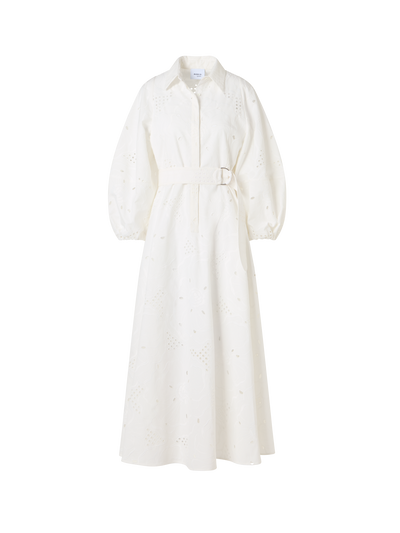 Designer Fit-and-Flare Flower Eyelet Midi Dress - white
