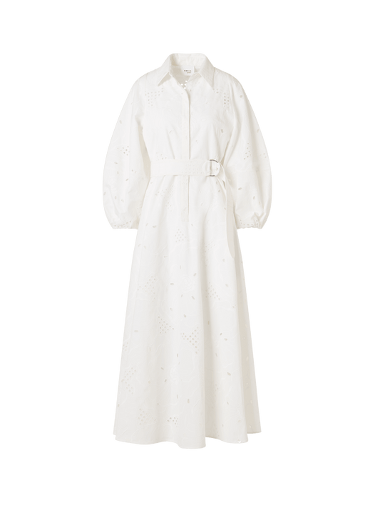 Designer Fit-and-Flare Flower Eyelet Midi Dress - white