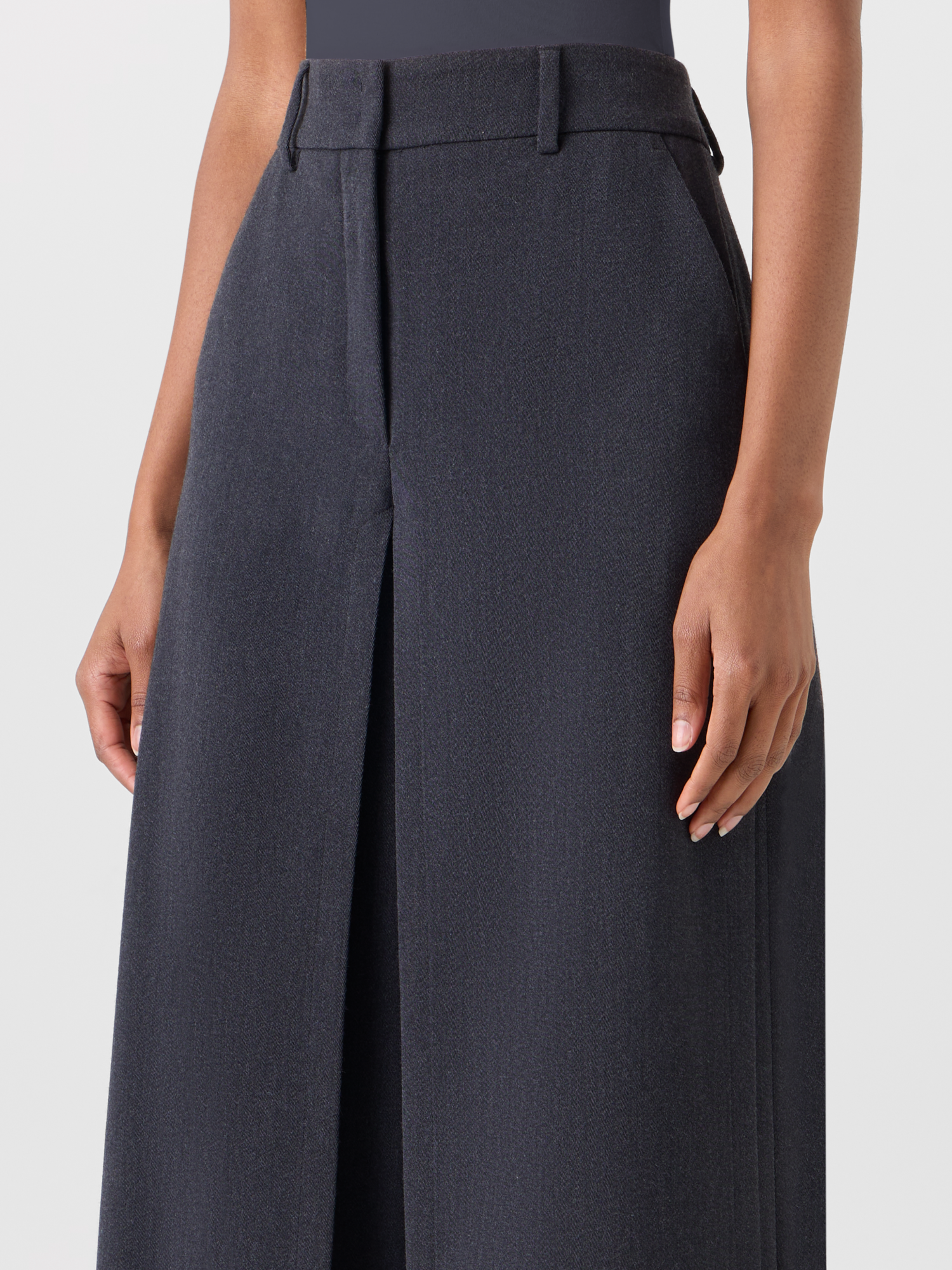 Designer Wide Wool Gabardine Pants with Front Overlayer - grey 