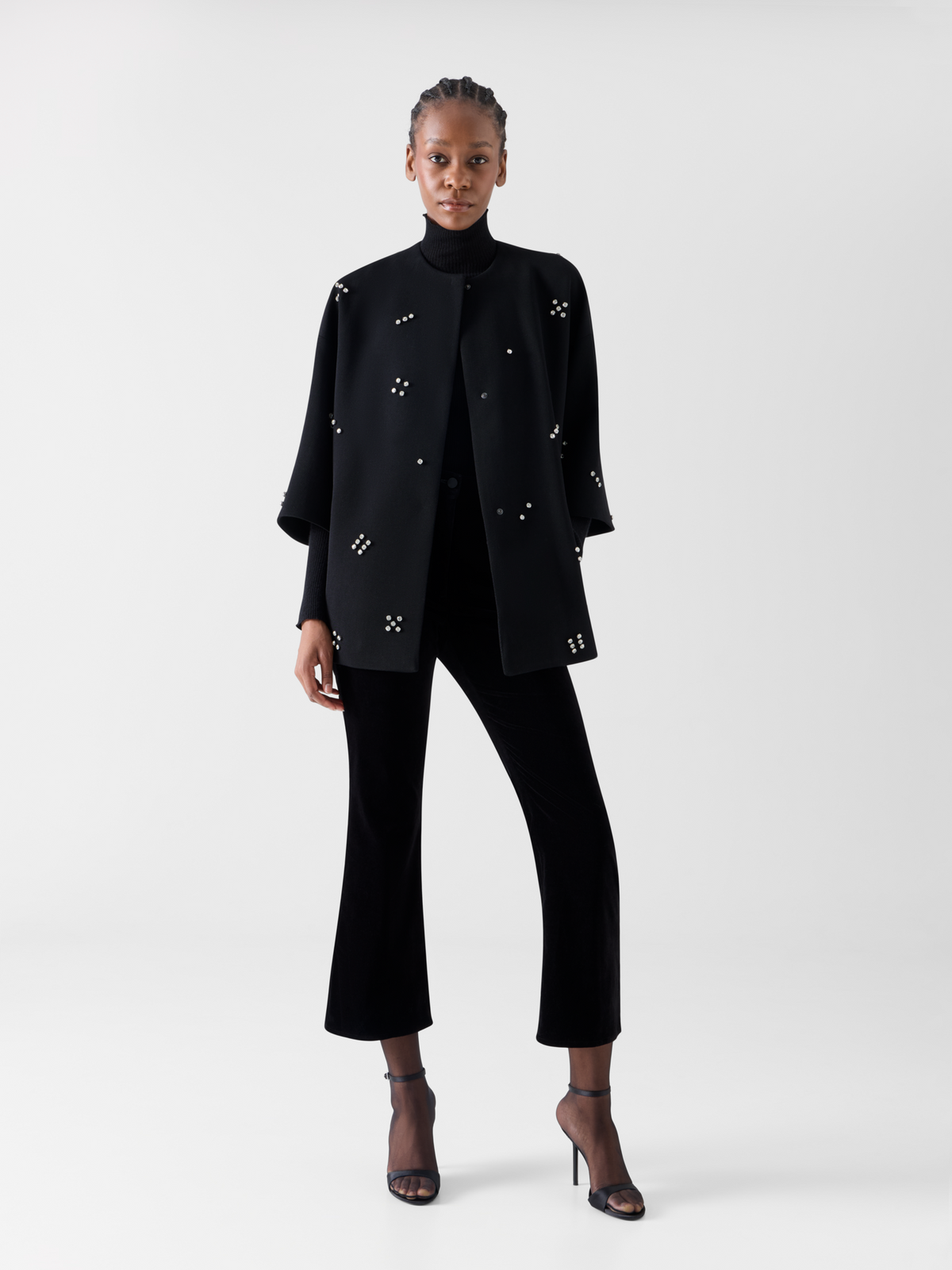 Designer Car Coat with Diamond Dice Dot Embellishment - black 