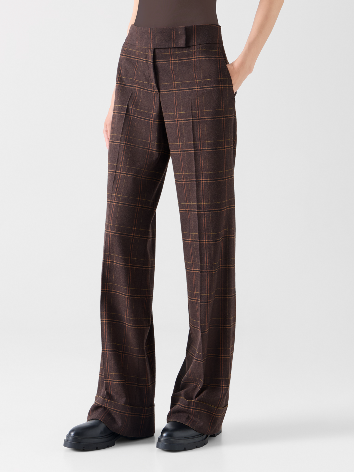 Designer Wide Leg Check Flannel Pants - brown 