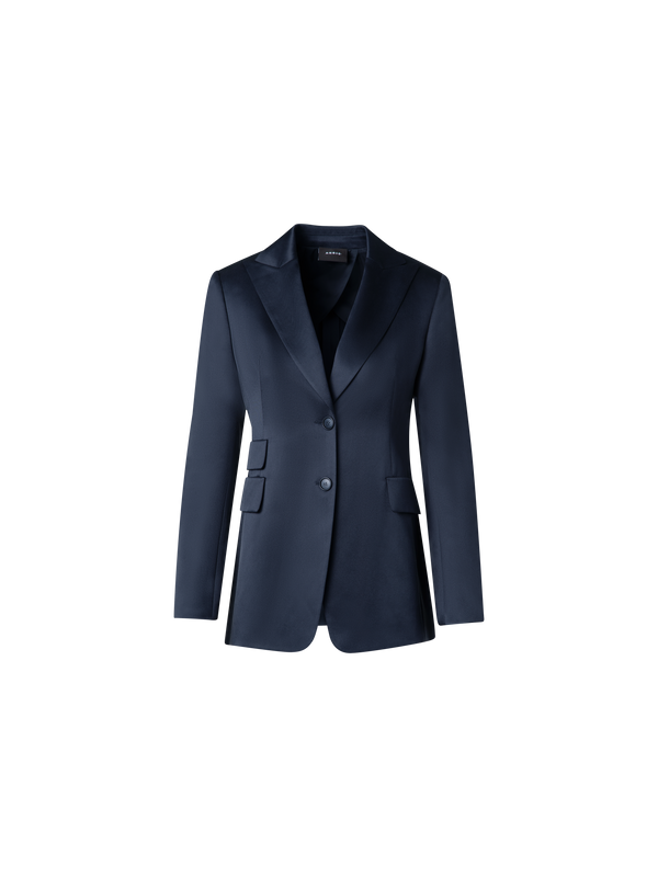 Designer Long Silk Blazer Jacket - navy