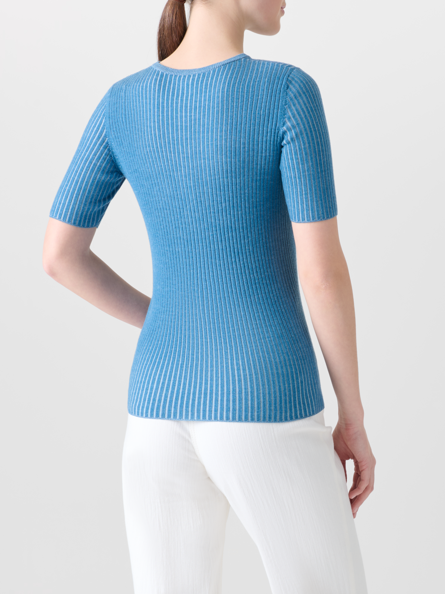 Designer Fitted Short Sleeves Knit Shirt in Merino Wool - blue 