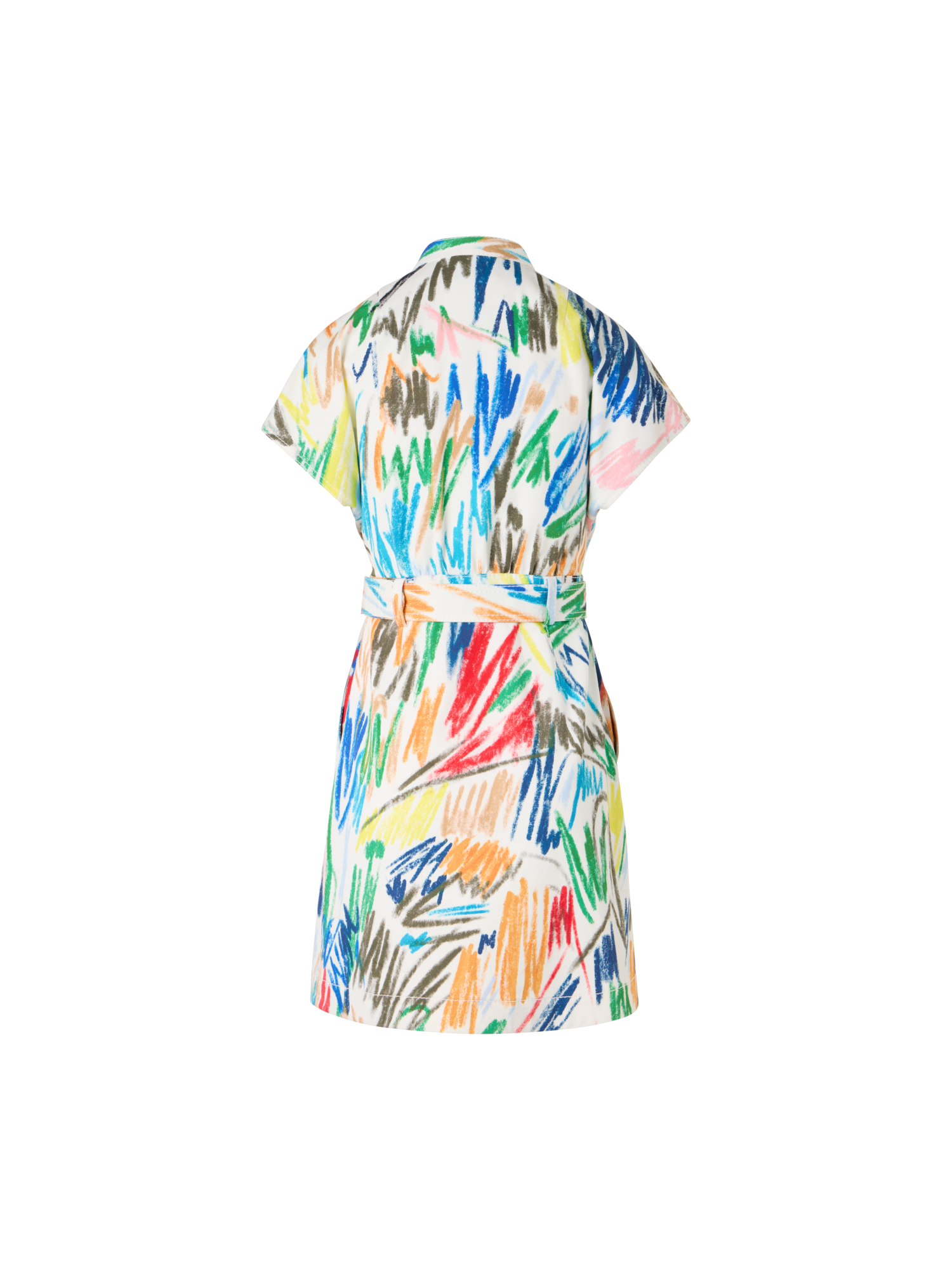 Designer Belted Scribble Print Cotton Denim Mini Dress - multicolor - ecru