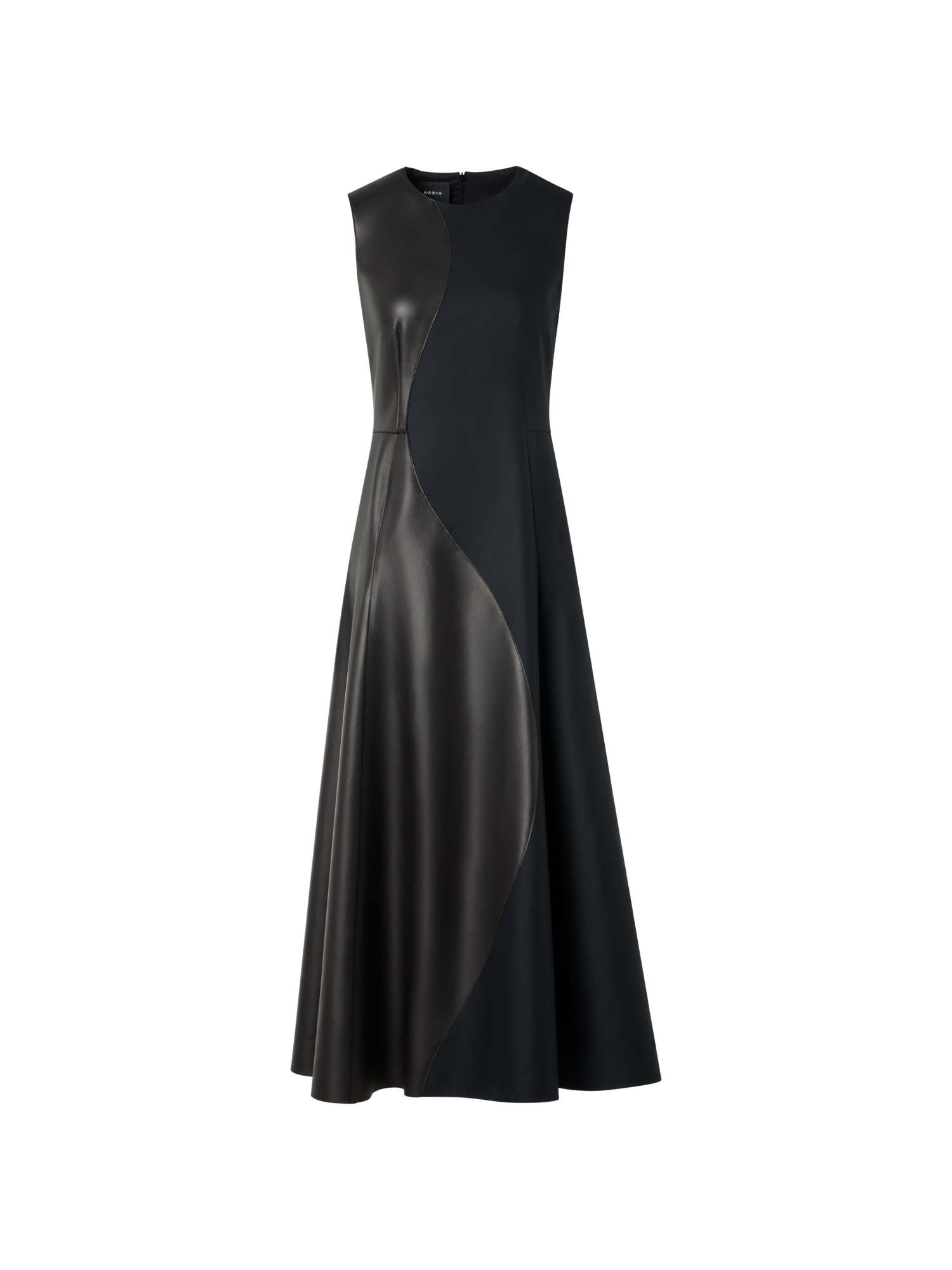 Designer Flared Midi Dress with Leather Patchwork - black