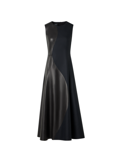Designer Flared Midi Dress with Leather Patchwork - black
