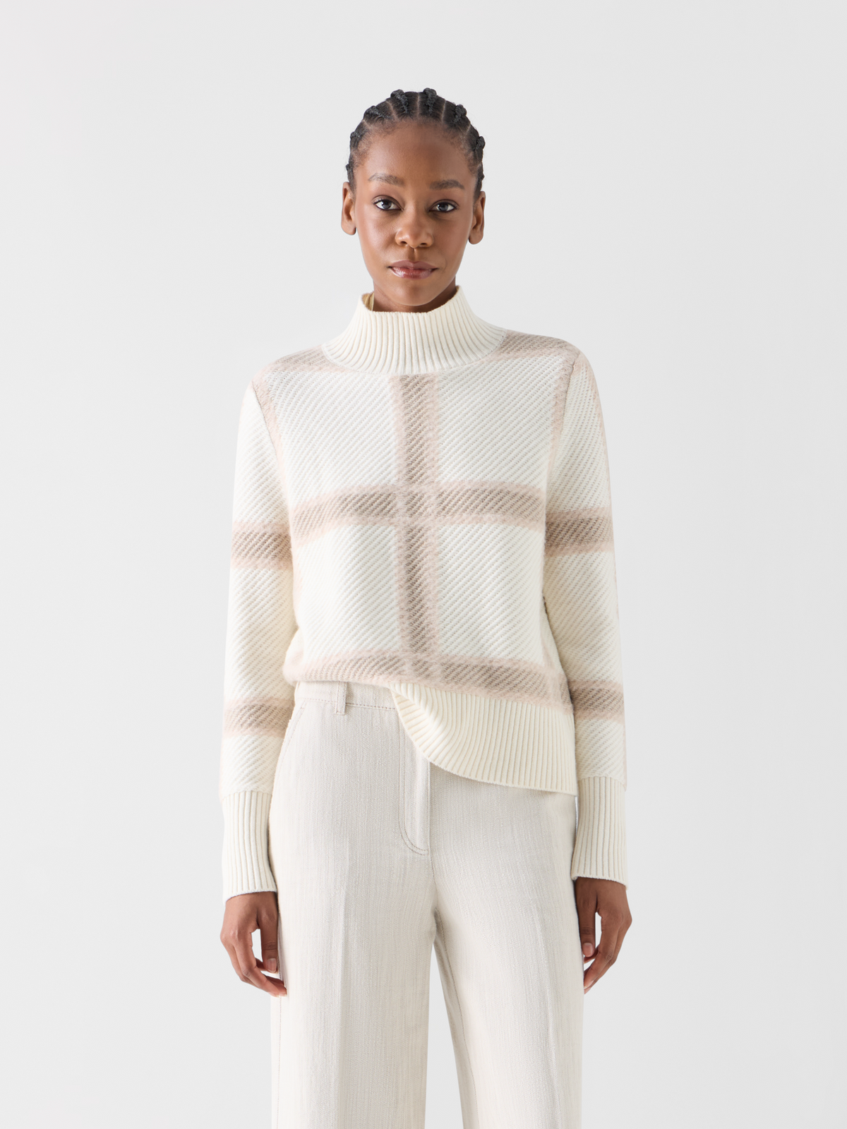 Designer Wool Cashmere Sweater with Intarsia Plaid - ecru - multicolor #editorial
