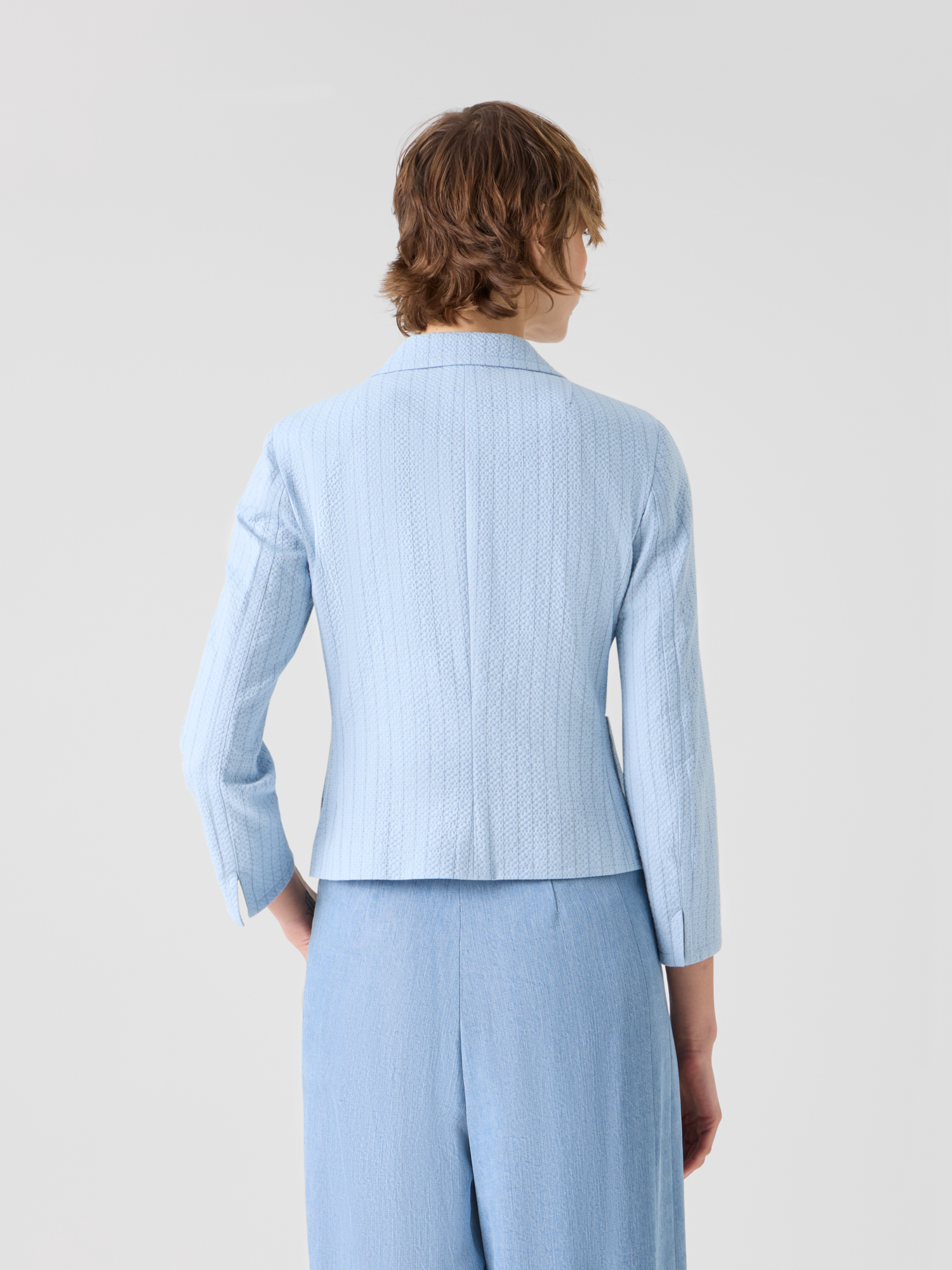 Designer Fitted Cotton Stripe Seersucker Lapel Jacket - blue 