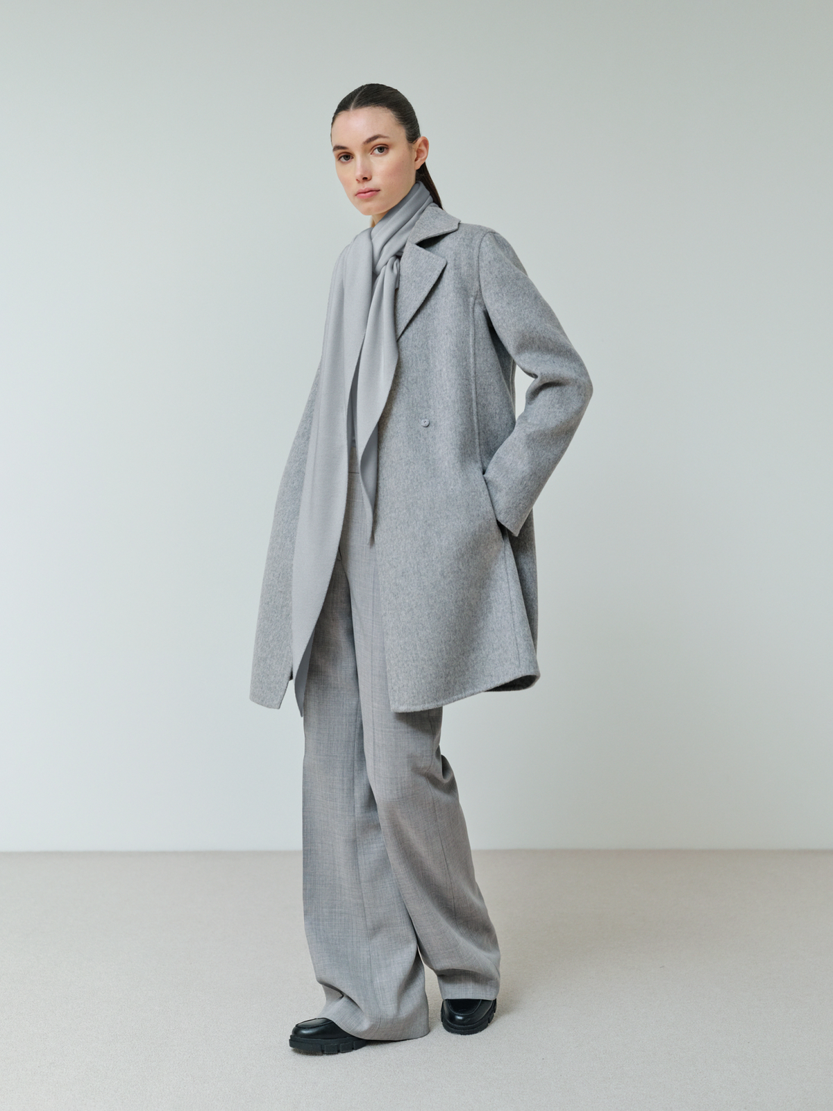 Designer Wide Straight Wool Stretch Double-Face Pants - grey #editorial