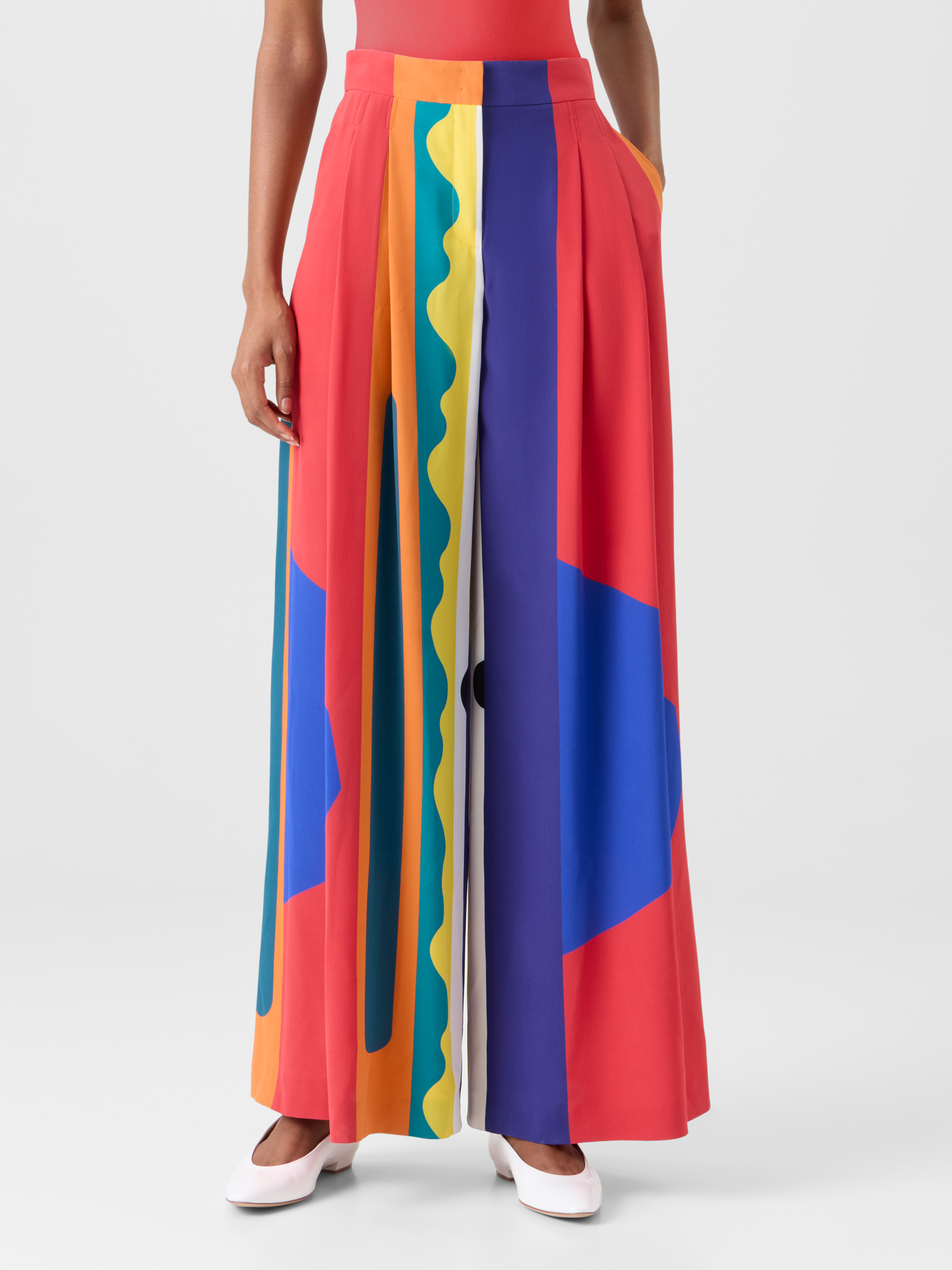 Designer Cassie Wide Silk Pants with Paravent Print - multicolor 