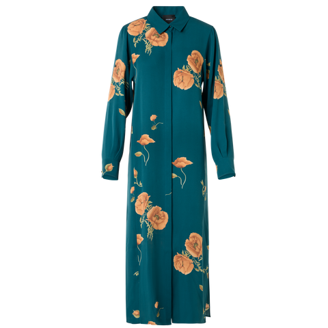 Long Silk Tunic Dress with Anemone Print