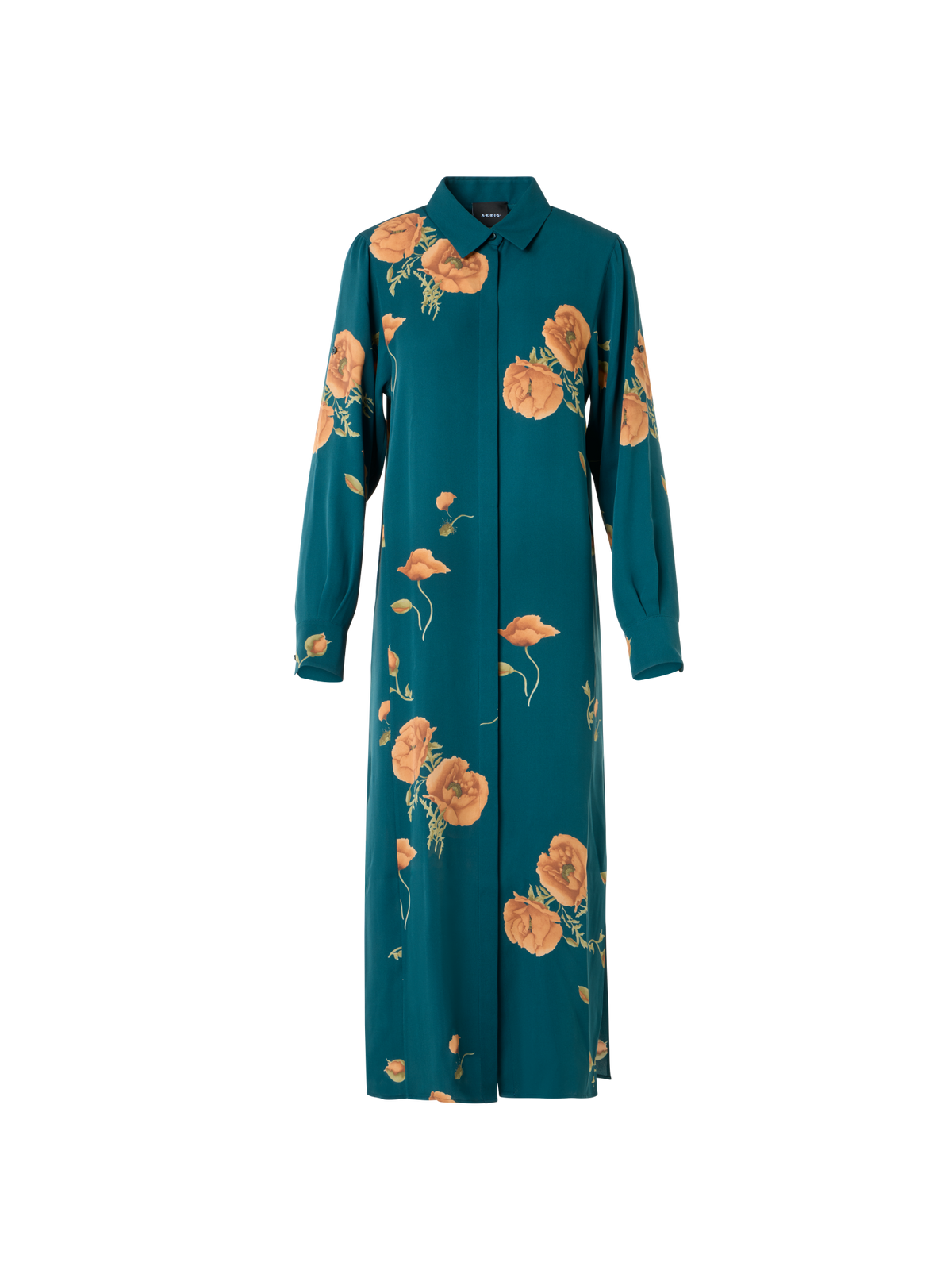 Designer Long Silk Tunic Dress with Anemone Print - green - multicolor