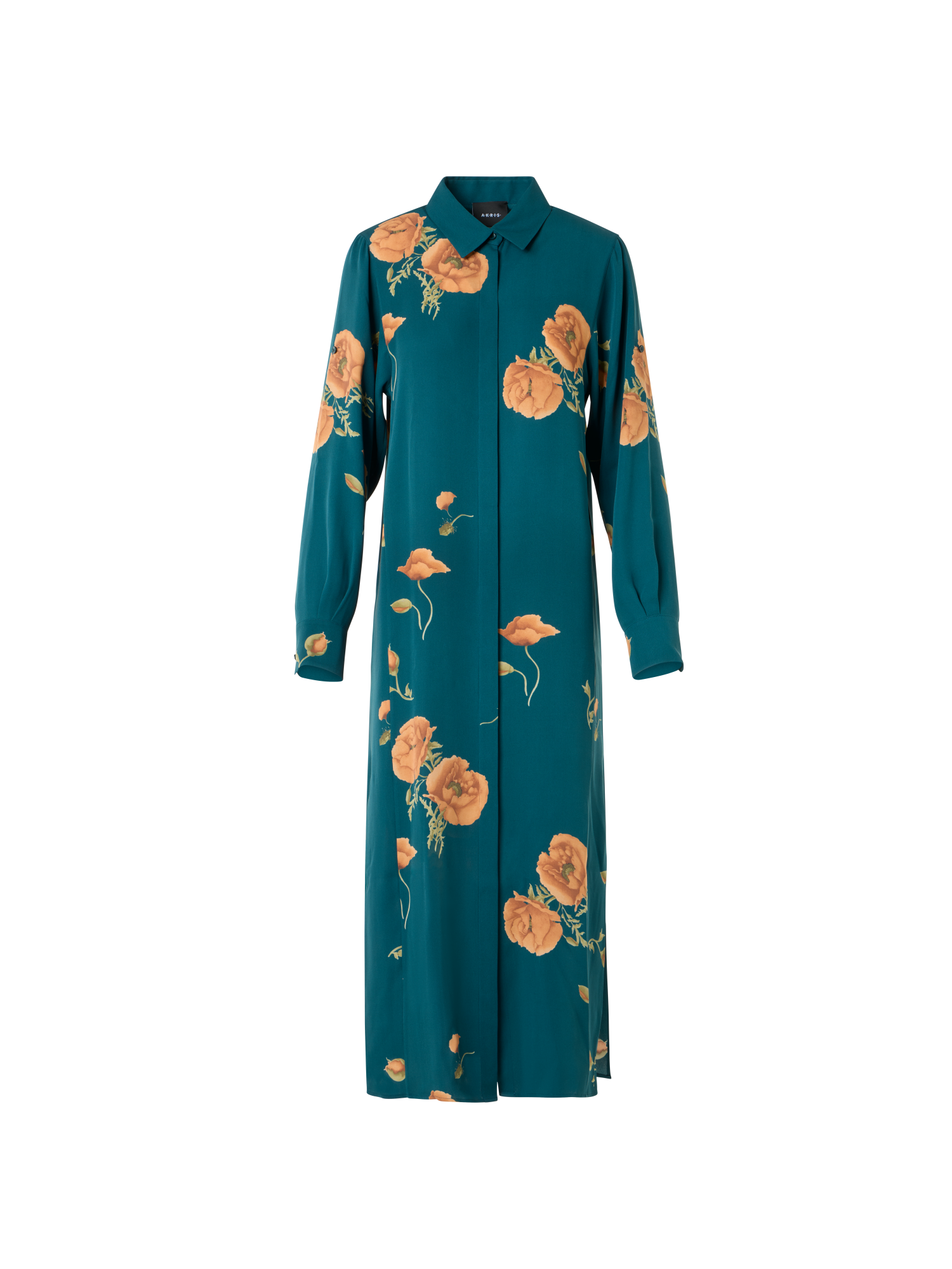 Designer Long Silk Tunic Dress with Anemone Print - green - multicolor