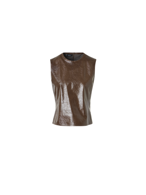 Designer Sleeveless Lacquered Leather Top - brown