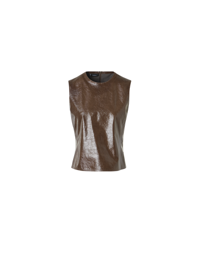 Designer Sleeveless Lacquered Leather Top - brown