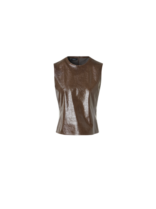 Designer Sleeveless Lacquered Leather Top - brown