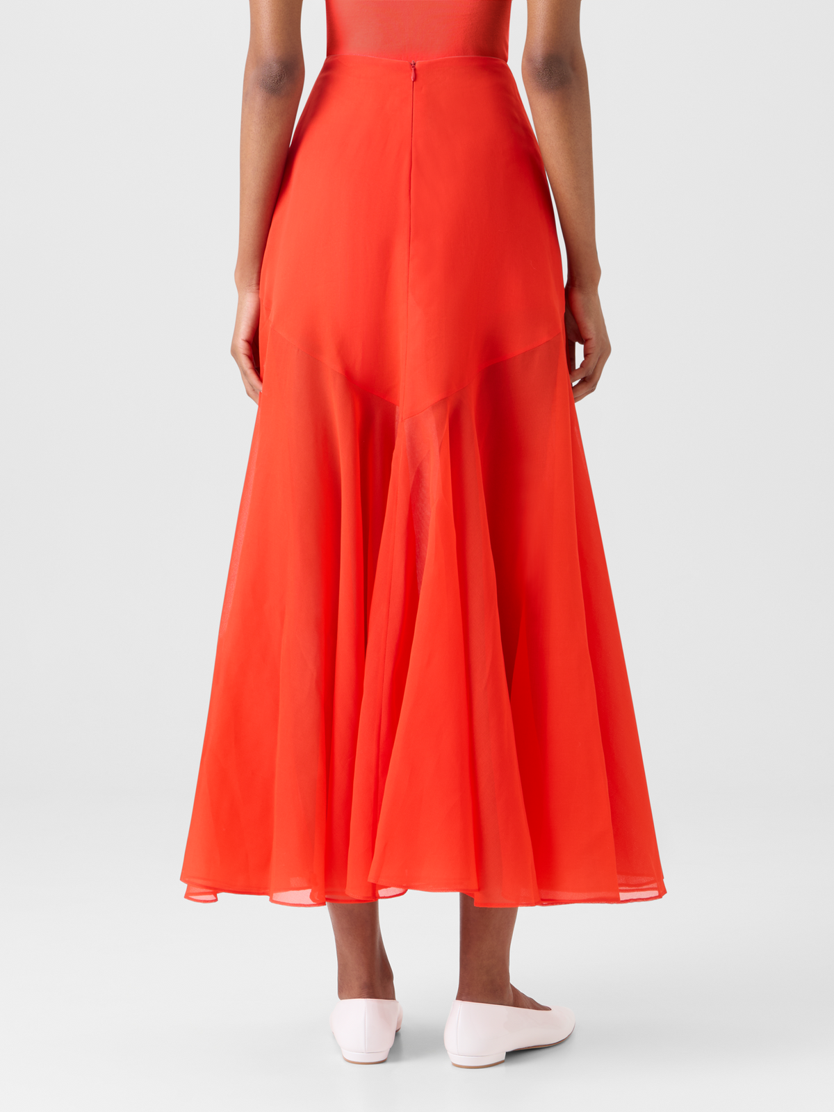 Designer Flared Midi Skirt in Silk Organza - red #editorial
