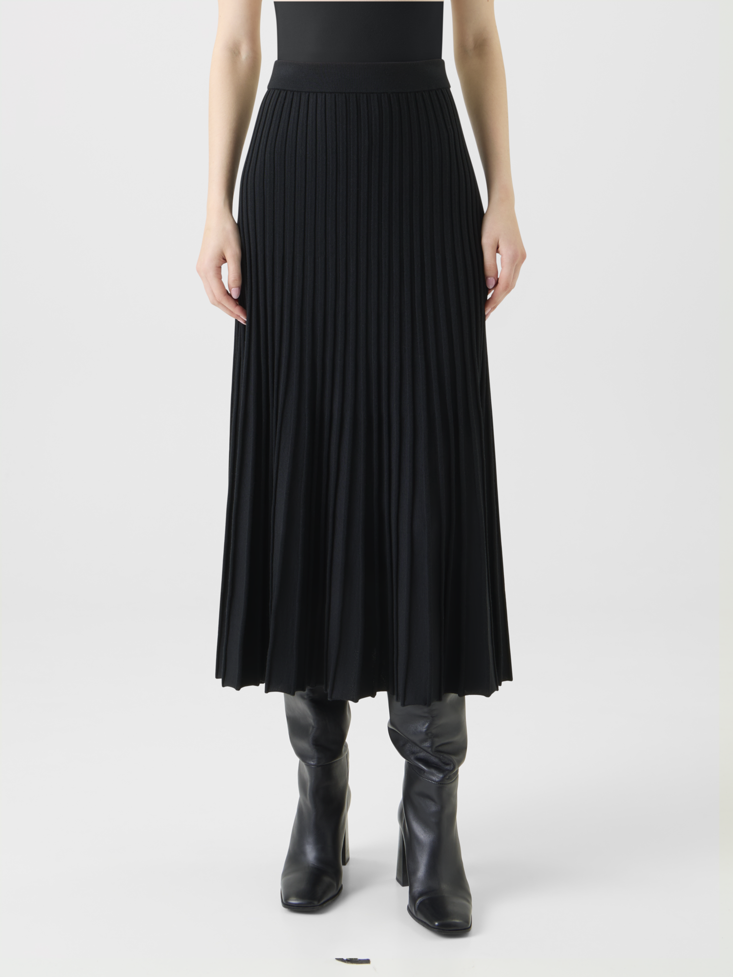 Designer A-Line Merino Wool Rib Knit Pleated Midi Skirt - black - neutral 