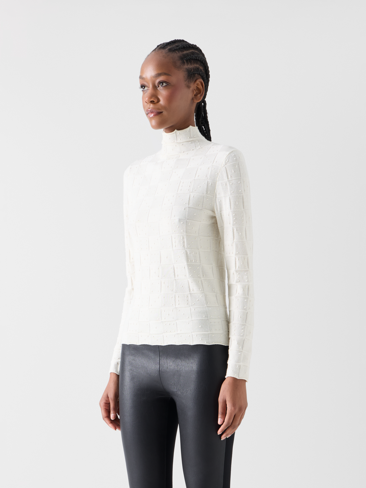 Designer Fitted Wool Sweater with 3D Dice Knit - ecru 