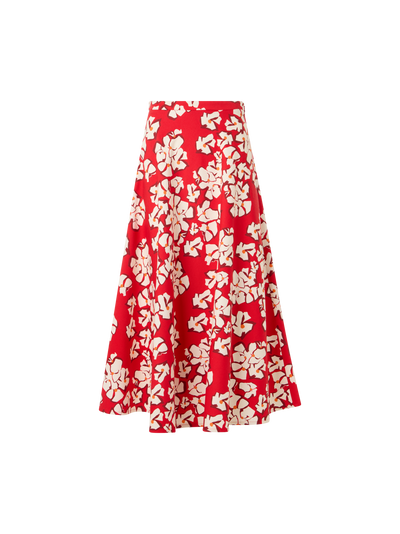 Designer Flared Papercut Flower Midi Skirt - red